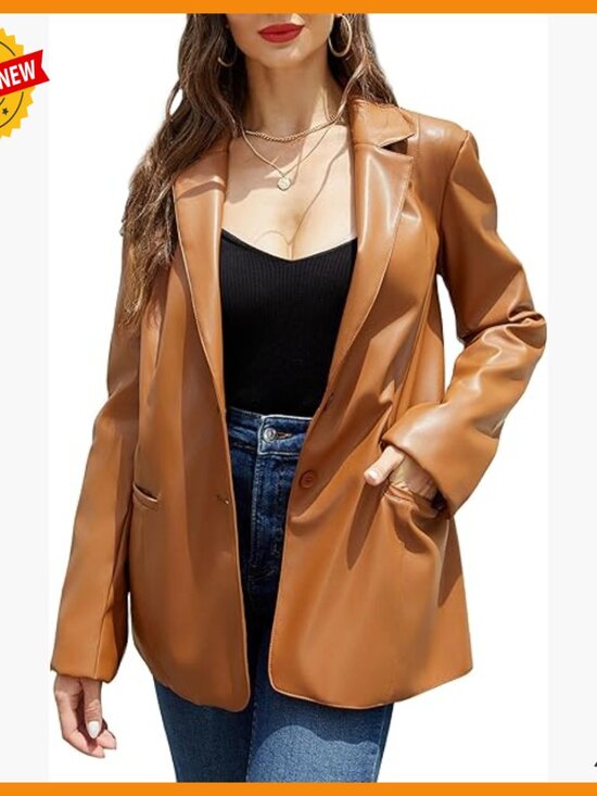 Jackets & Blazers - Faux Leather Blazer Jacket Lapel Button Down Coat Women's Regular Fit